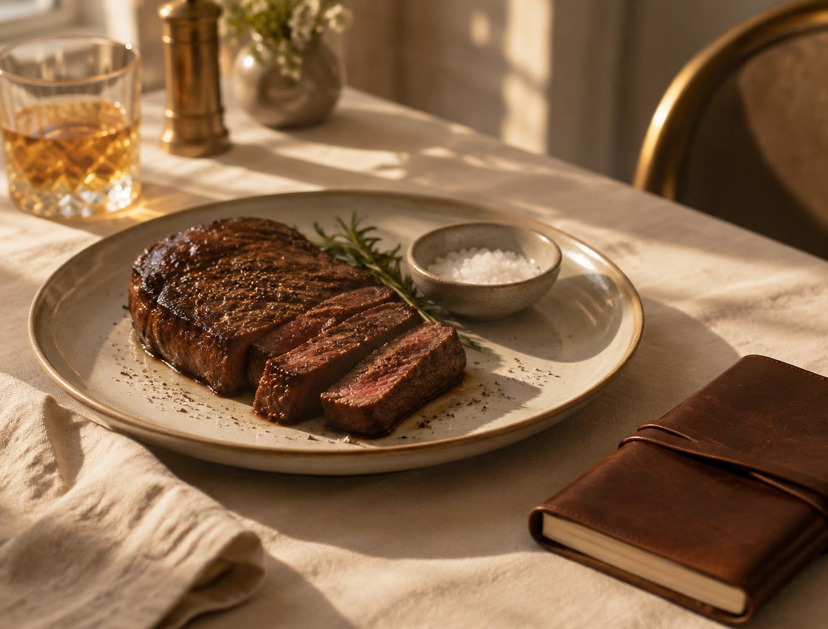 A plated steak with salt and a leather notebook on cream linen in warm light