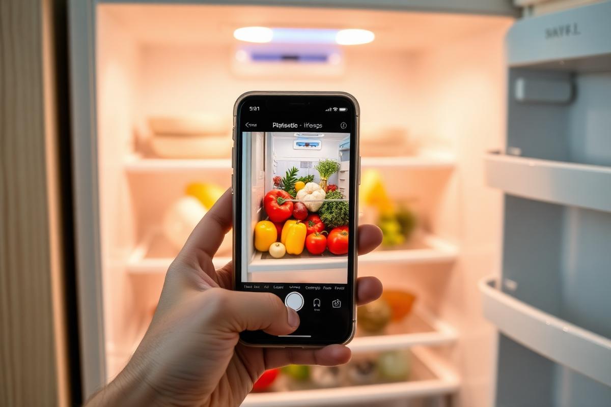 Hand holding iPhone over an open refrigerator