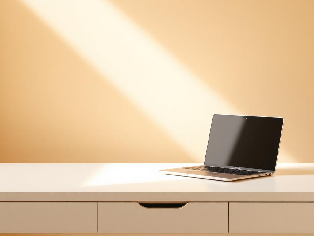 Empty desk with closed laptop in warm light