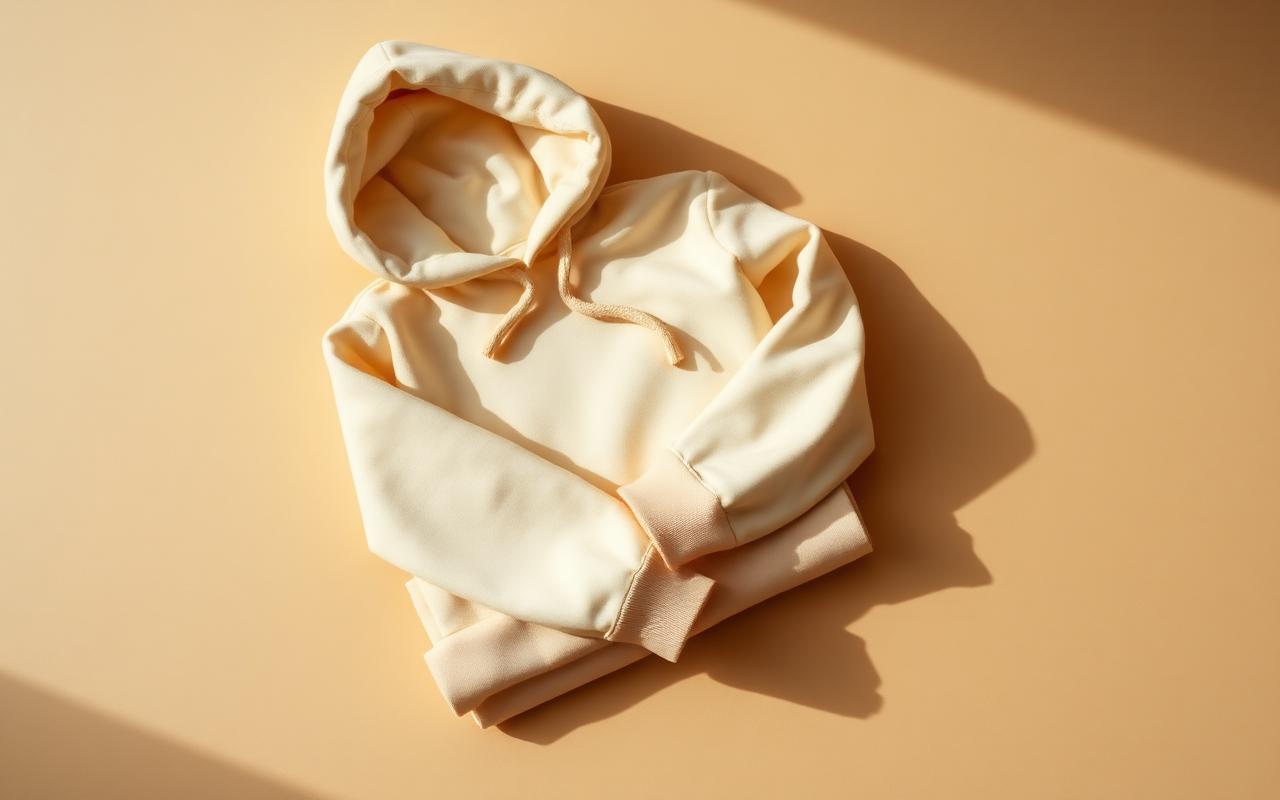 Cream hoodie folded on warm background