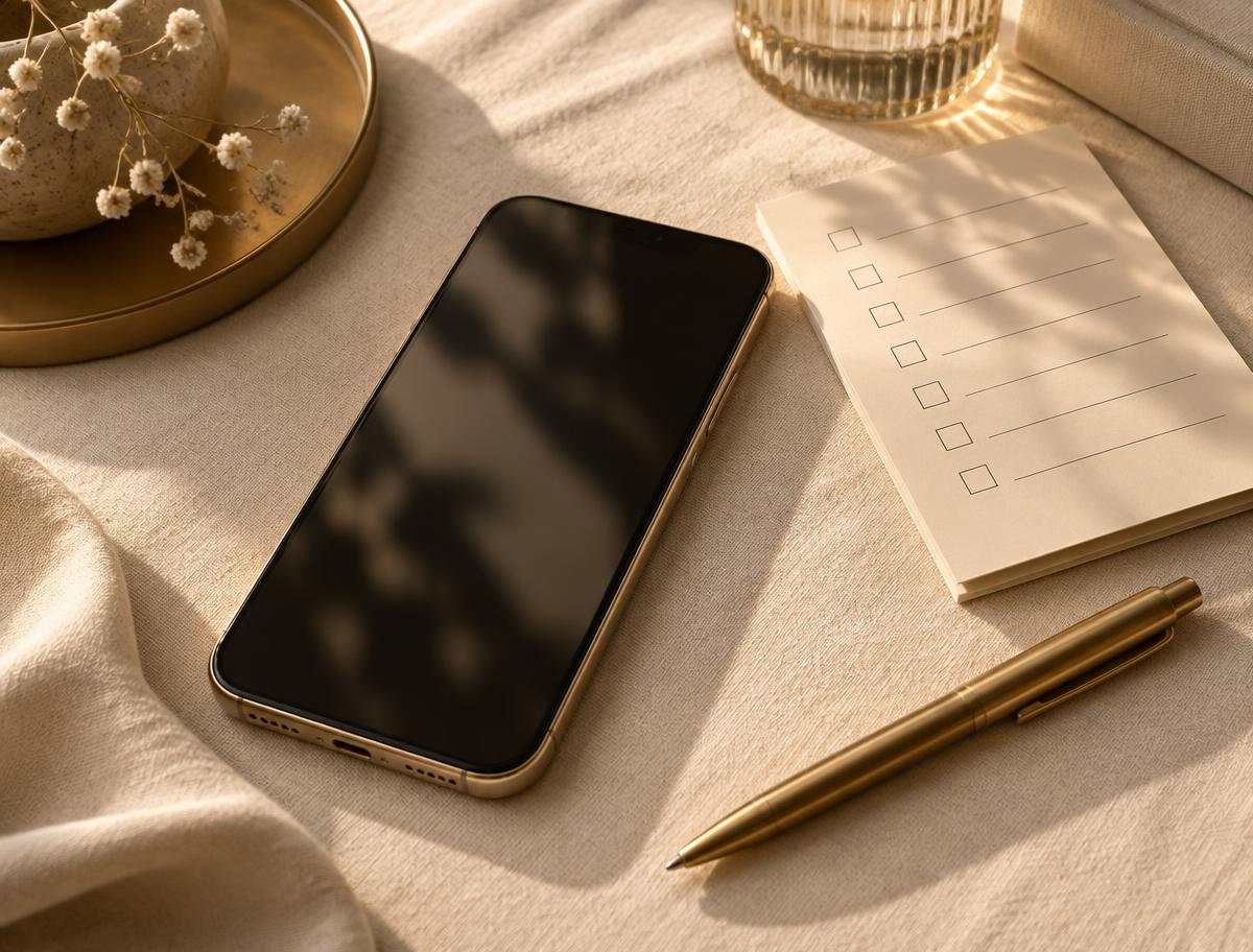 A phone resting beside a paper checklist and brass pen in warm light