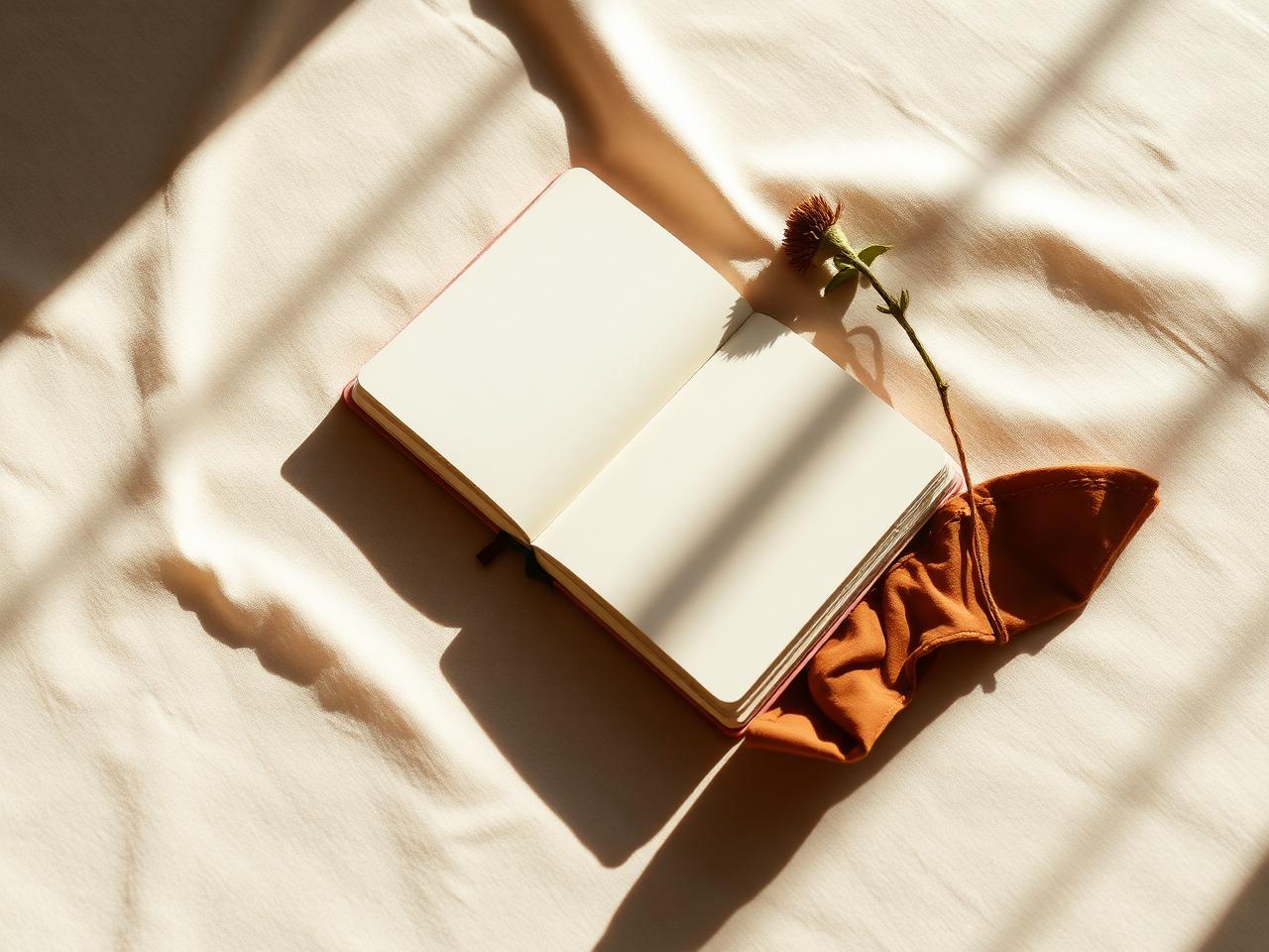 Open notebook in warm sunlight on cream linen